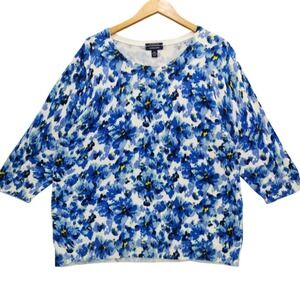 Lands'‎ End Floral Knit Top Sweater Pima Cotton 1X 3/4 Sleeve